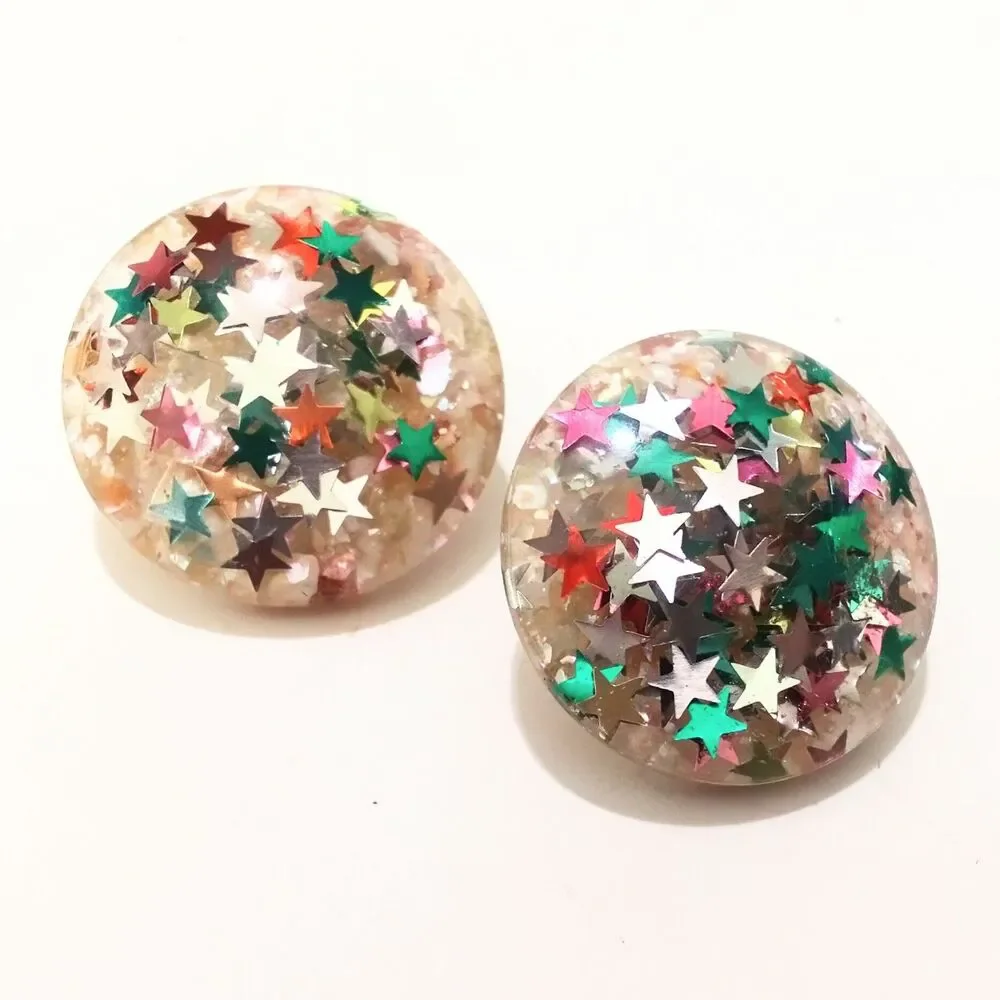 Vintage Mid Century Star Confetti Lucite Clip Earrings Colorful Retro 1960s